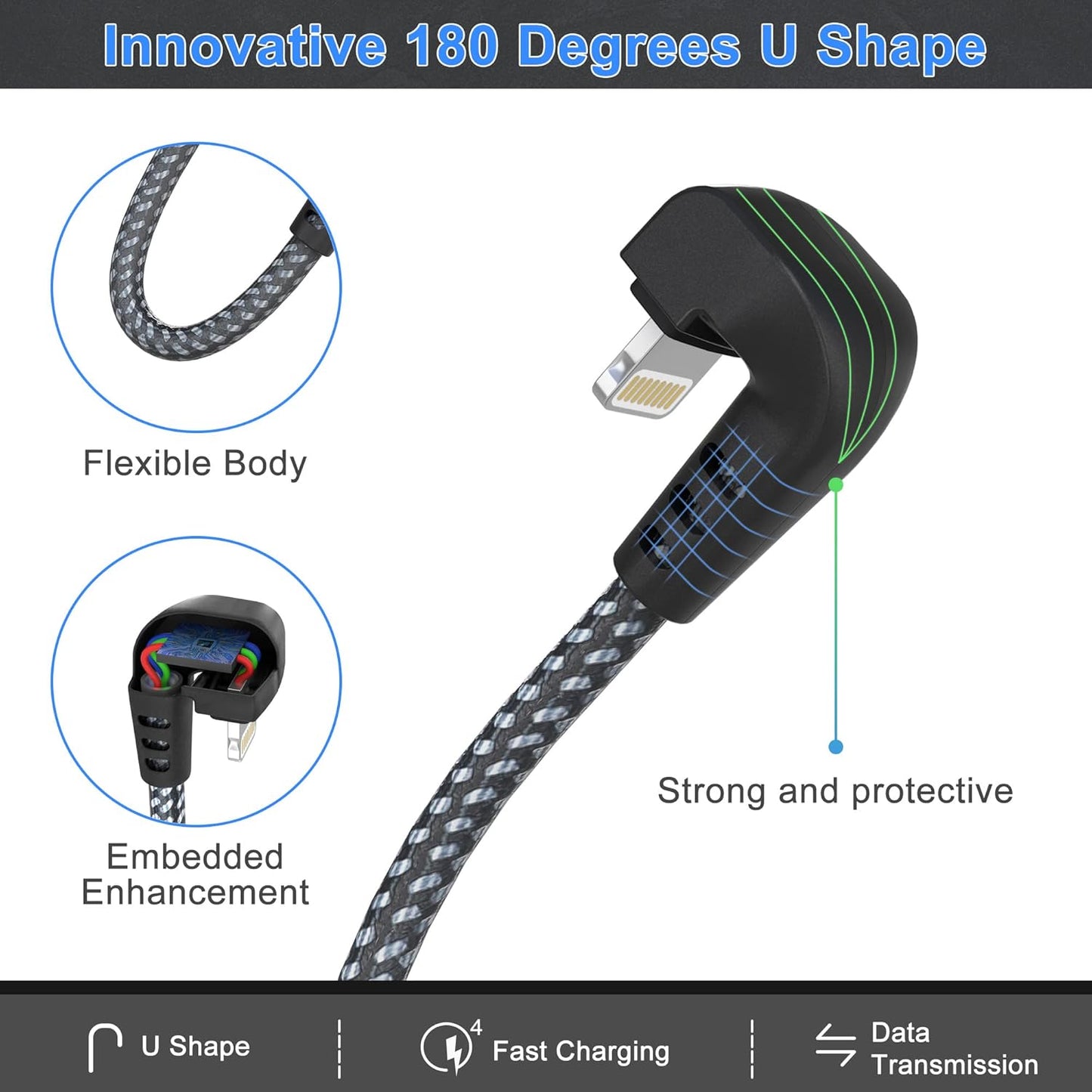 Right Angle 90° Lightning Cable 3m – MFi Certified, Fast Charging 2.4A
