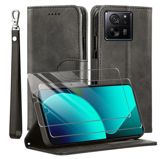 Usnjena preklopna torbica Classic Black + 2x zašèitno steklo za Xiaomi 13T / 13T Pro