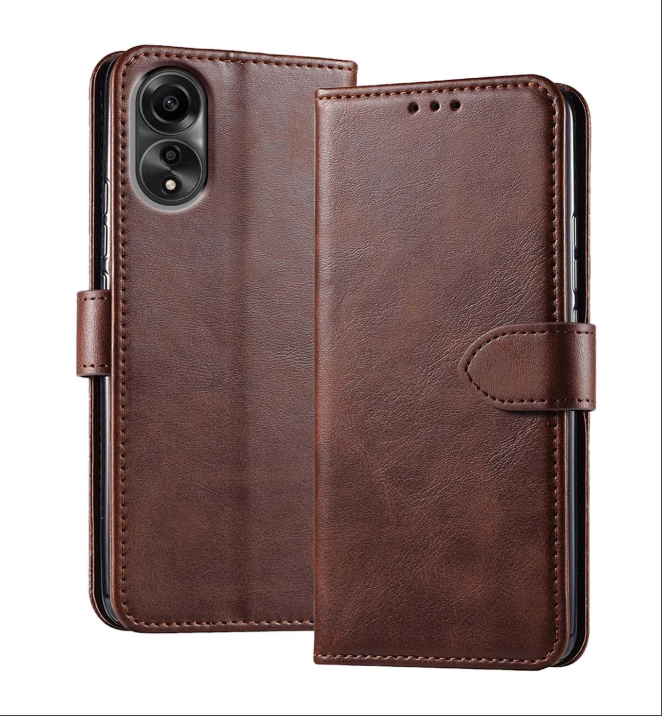 GIOPUEY Flip Case for OPPO A78 4G - Leather Wallet with 3 Card Slots and Stand, Brown