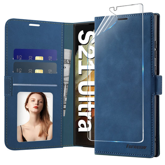 Preklopna torbica Neivi + zašèitno steklo za Samsung Galaxy S21 Ultra modra