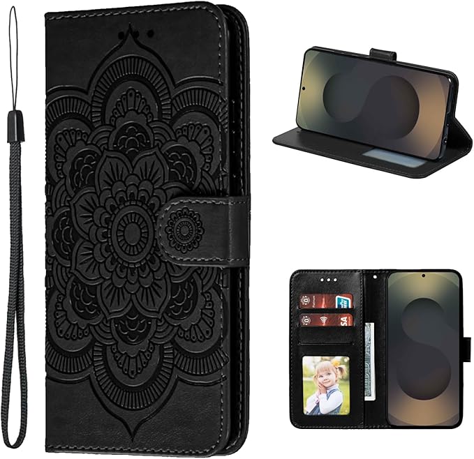 Usnjena preklopna torbica Mandala za Samsung Galaxy S25 Ultra - črna