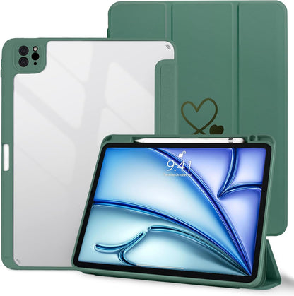 Ovitek za iPad Air 11 M2 2024 / iPad Pro 11 – Prozoren Zadnji Pokrov z Držalom za Pisalo, Srčki Zelen