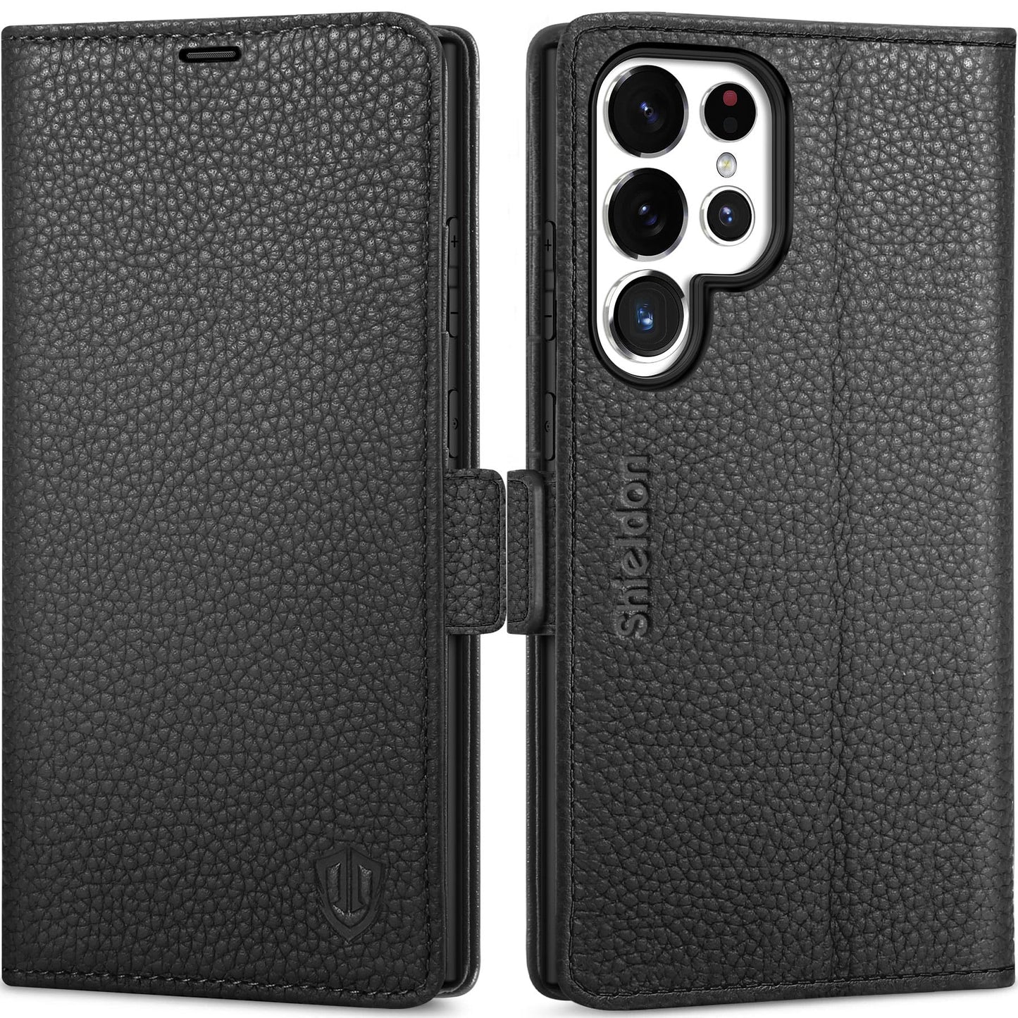 SHIELDON preklopna torbica iz pravega usnja za Samsung Galaxy S25 Ultra 6,9" (2025) - RFID Zaščita, Stojalo, Zrnato Črna