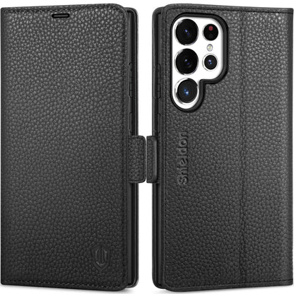 SHIELDON preklopna torbica iz pravega usnja za Samsung Galaxy S25 Ultra 6,9" (2025) - RFID Zaščita, Stojalo, Zrnato Črna