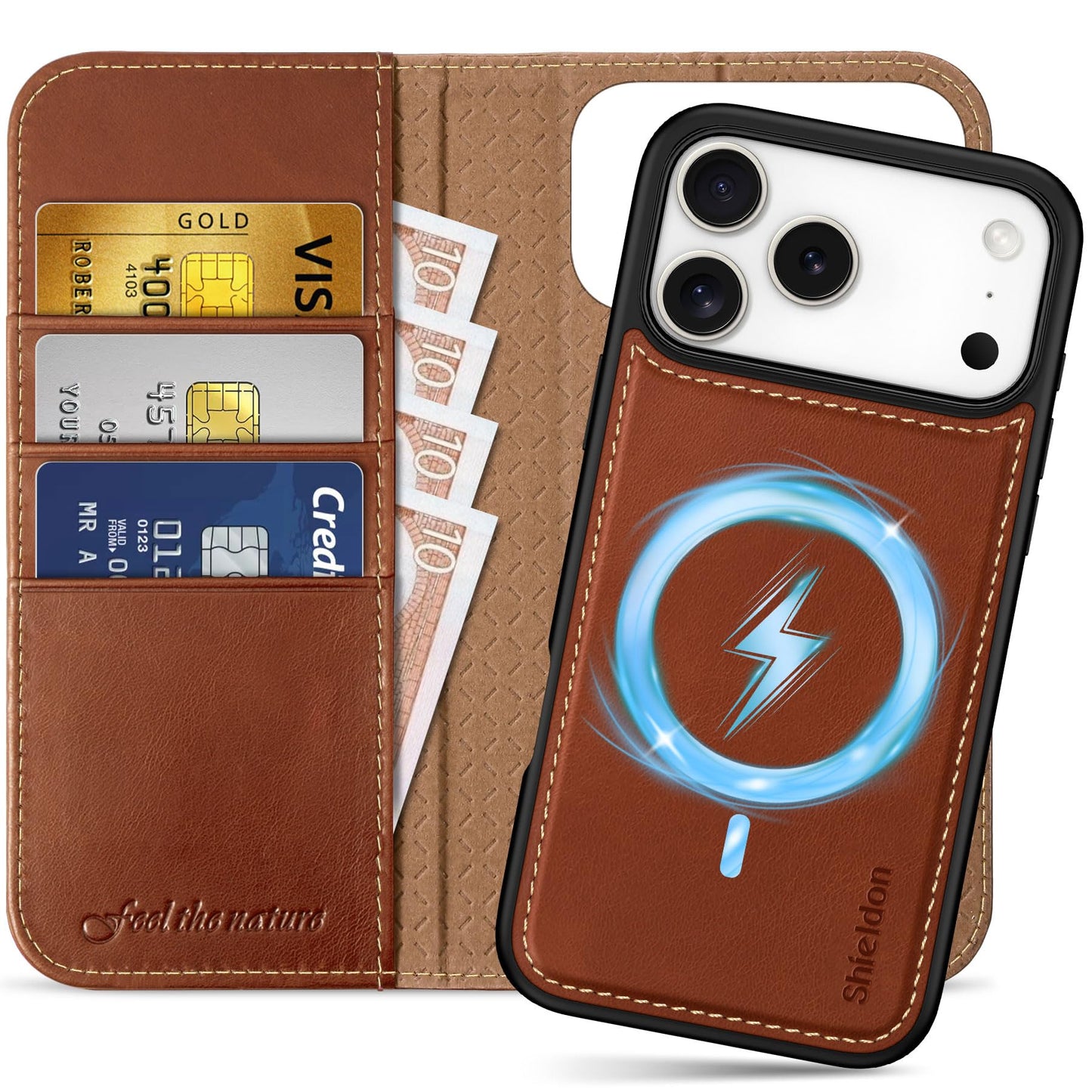 SHIELDON 2v1 usnjen ovitek za iPhone 17 Pro Max, snemljiva denarnica, RFID, retro rjava
