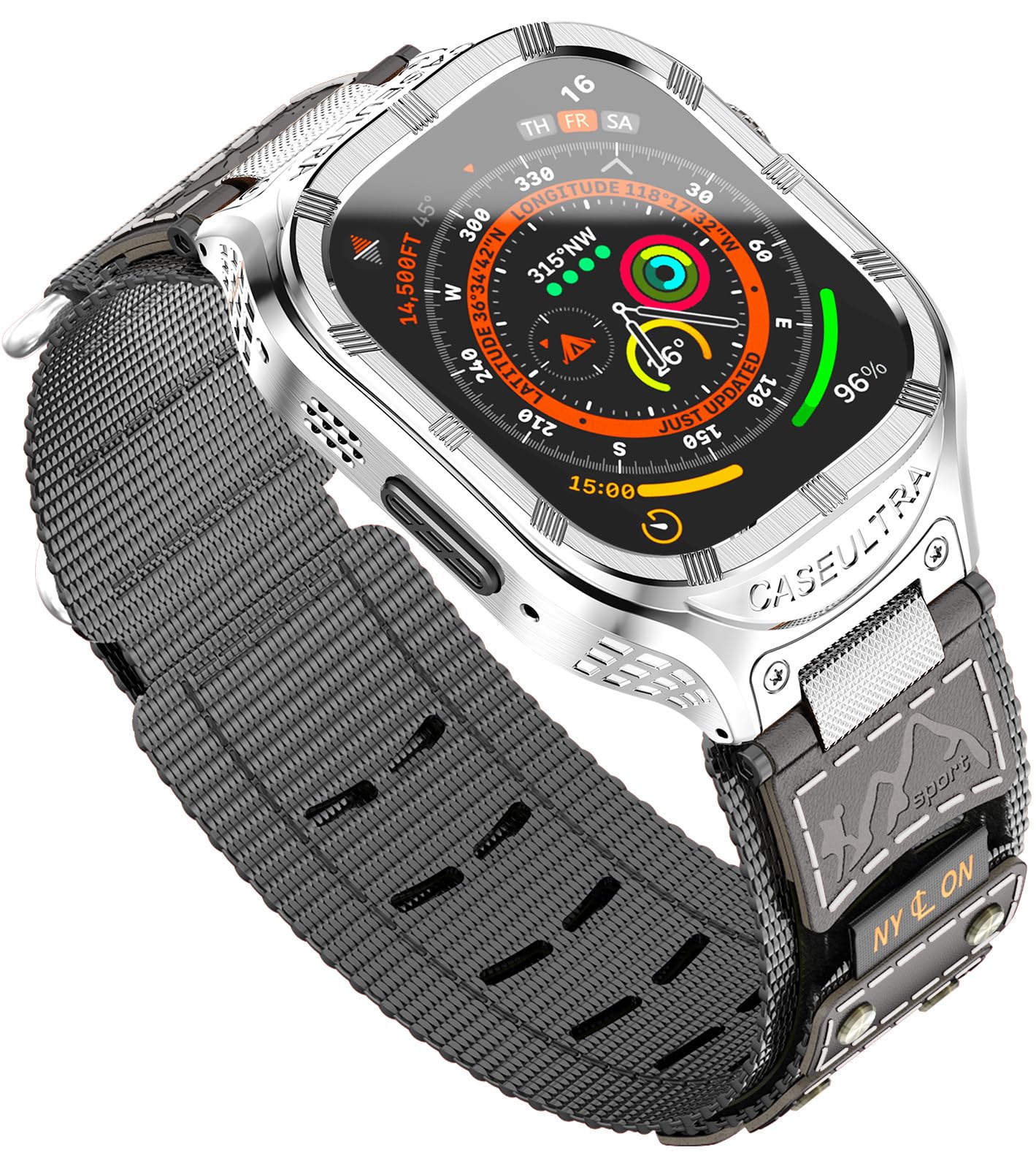 Caseultra Kovinsko Ohišje z Najlonskim Športnim Paščkom za Apple Watch 45mm/44mm/42mm, Robustna Zaščita Series 9/8/7/6/5/4/3/2/1/SE črna