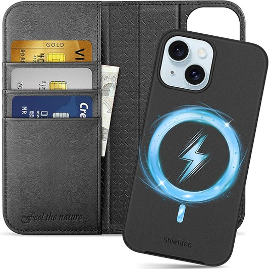 SHIELDON Leather Flip Case for iPhone 15 – Detachable Magsafe RFID + Card Holder (Black)