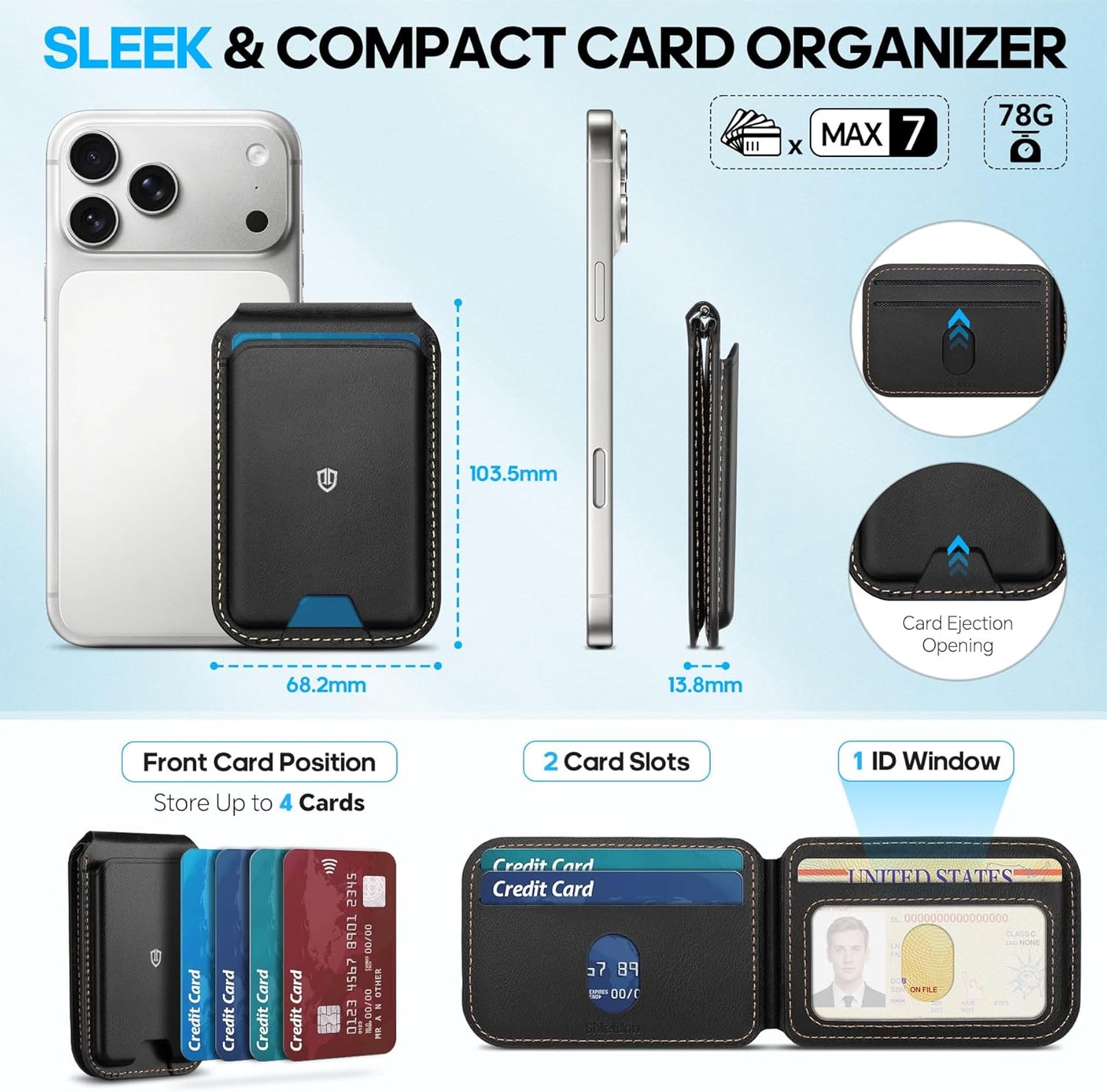 SHIELDON magnetna usnjena denarnica za iPhone 12–17 serijo – MagSafe, RFID, stojalo, retro črna
