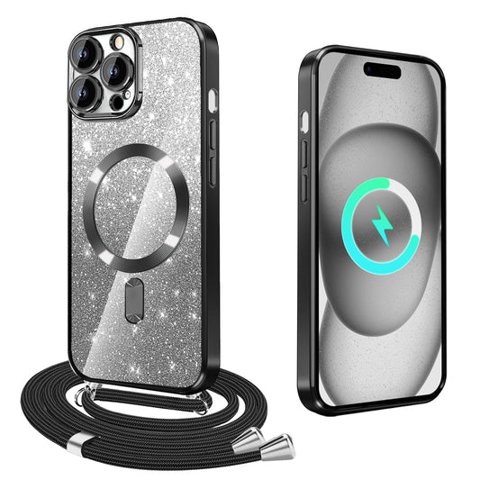 Prozoren blešèeè magnetni ovitek z vrvico za iPhone 14 Pro Max èrna