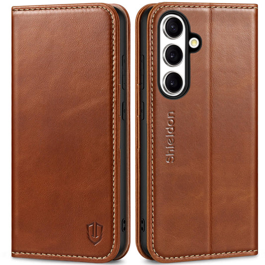 Shieldon usnjena preklopna torbica za Samsung Galaxy S24 Plus retro rjava