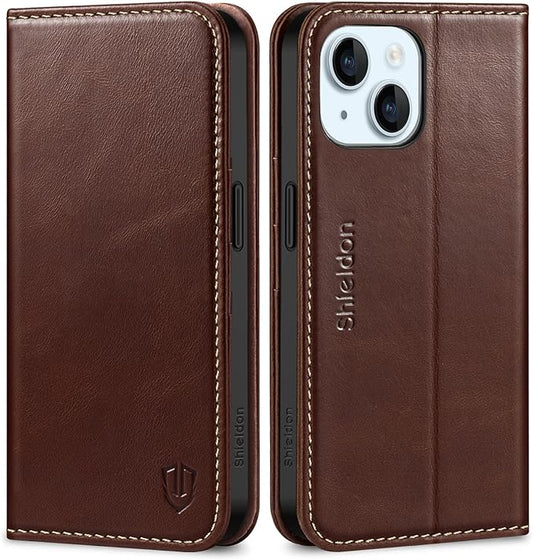 SHIELDON Leather Flip Case for iPhone 15 – RFID Wallet + Stand (Retro Brown)