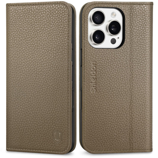 Shieldon usnjena preklopna torbica za iPhone 16 Pro khaki