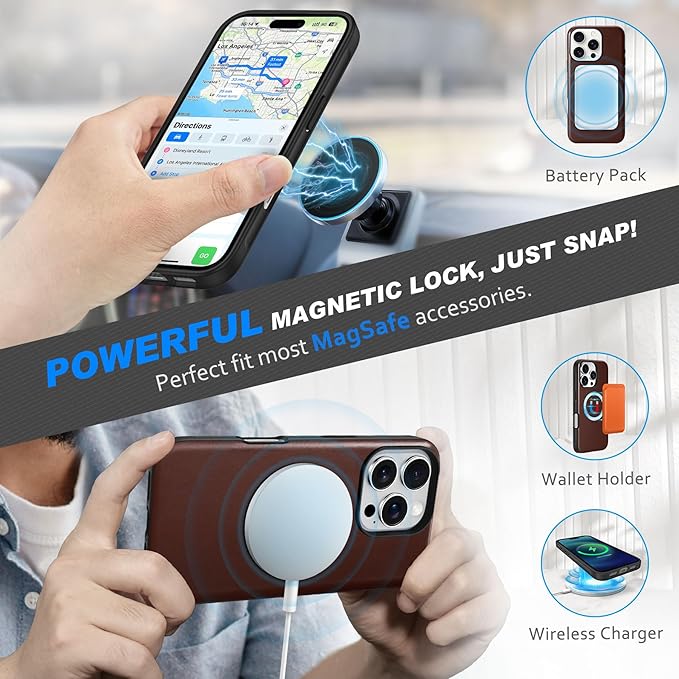 SHIELDON 2 v 1 preklopna torbica iz pravega usnja za iPhone 16 Pro Max - Magnetni Ovitek, RFID Zaščita, Retro Kava