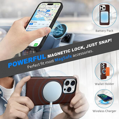 SHIELDON 2 v 1 preklopna torbica iz pravega usnja za iPhone 16 Pro Max - Magnetni Ovitek, RFID Zaščita, Retro Kava