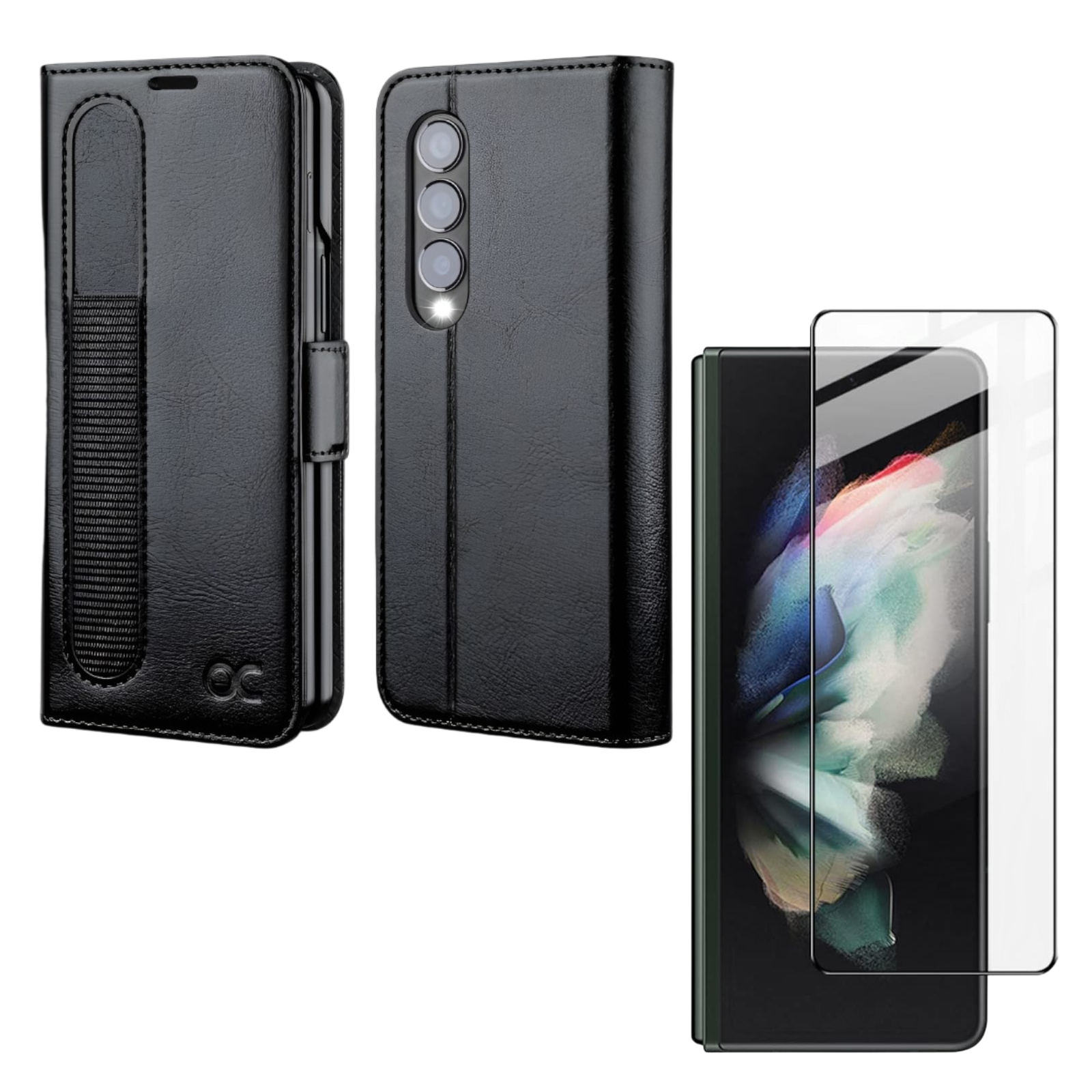 Preklopna torbica za telefon + zaščitno steklo "OCASE" Samsung Galaxy Z Fold 4 5G – Črna