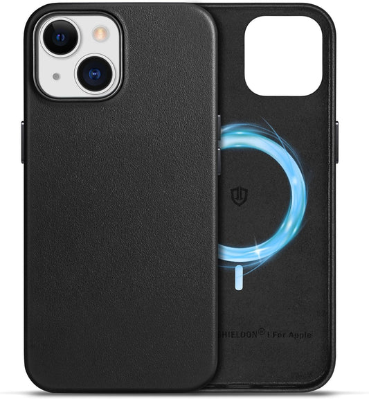 SHIELDON Leather Case for iPhone 15 – Magnetic Charging (Black)