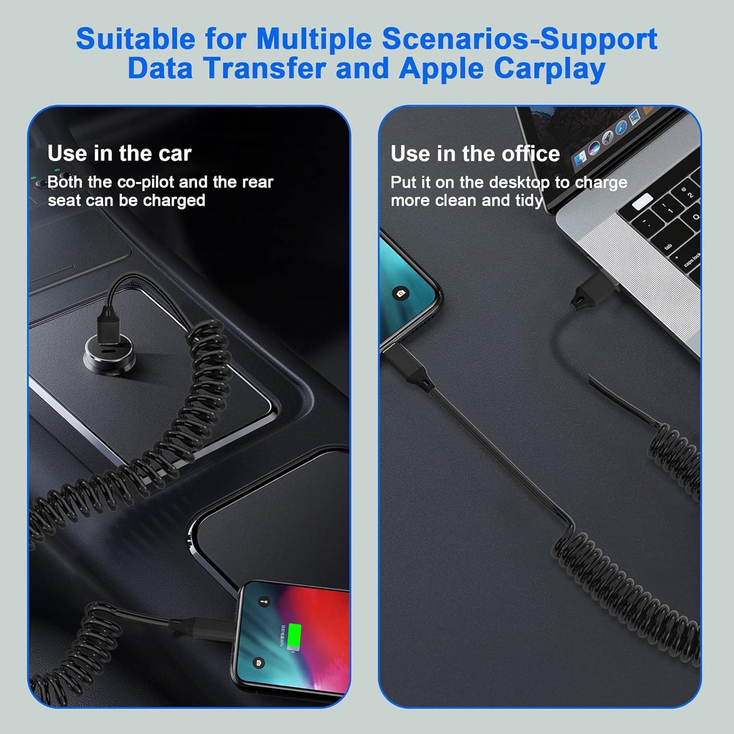 2x spiralni Lightning kabel za iPhone MFi CarPlay USB – raztegljiv, kompakten