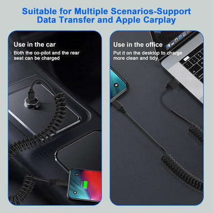 2x spiralni Lightning kabel za iPhone MFi CarPlay USB – raztegljiv, kompakten