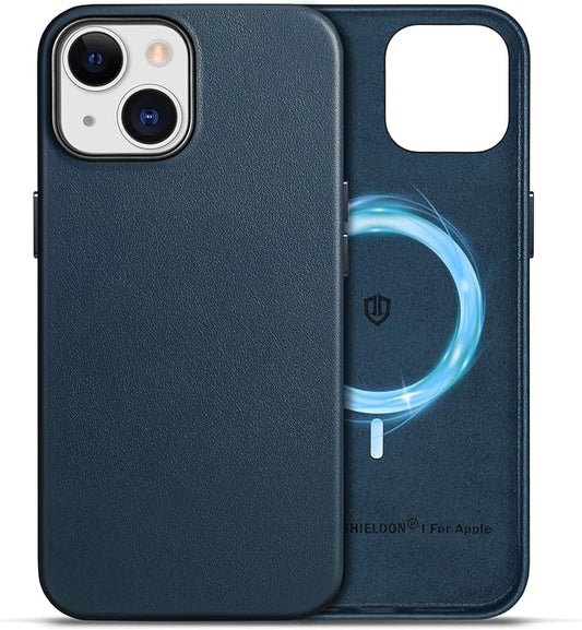 SHIELDON usnjen ovitek za iPhone 15 6,1" – pravo usnje, MagSafe, tanek, temno moder