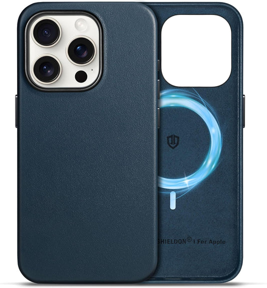 SHIELDON Leather Case for iPhone 15 Pro – Magnetic Charging (Dark Blue)