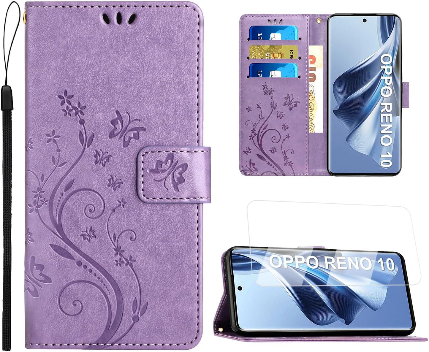 Flip Case and Screen Protector for Oppo Reno 10 / 10 Pro – Purple