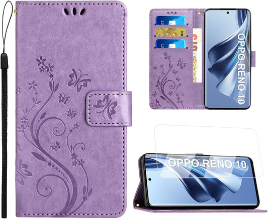 Preklopna torbica in zaščitno steklo za Oppo Reno 10 / 10 Pro – vijolična