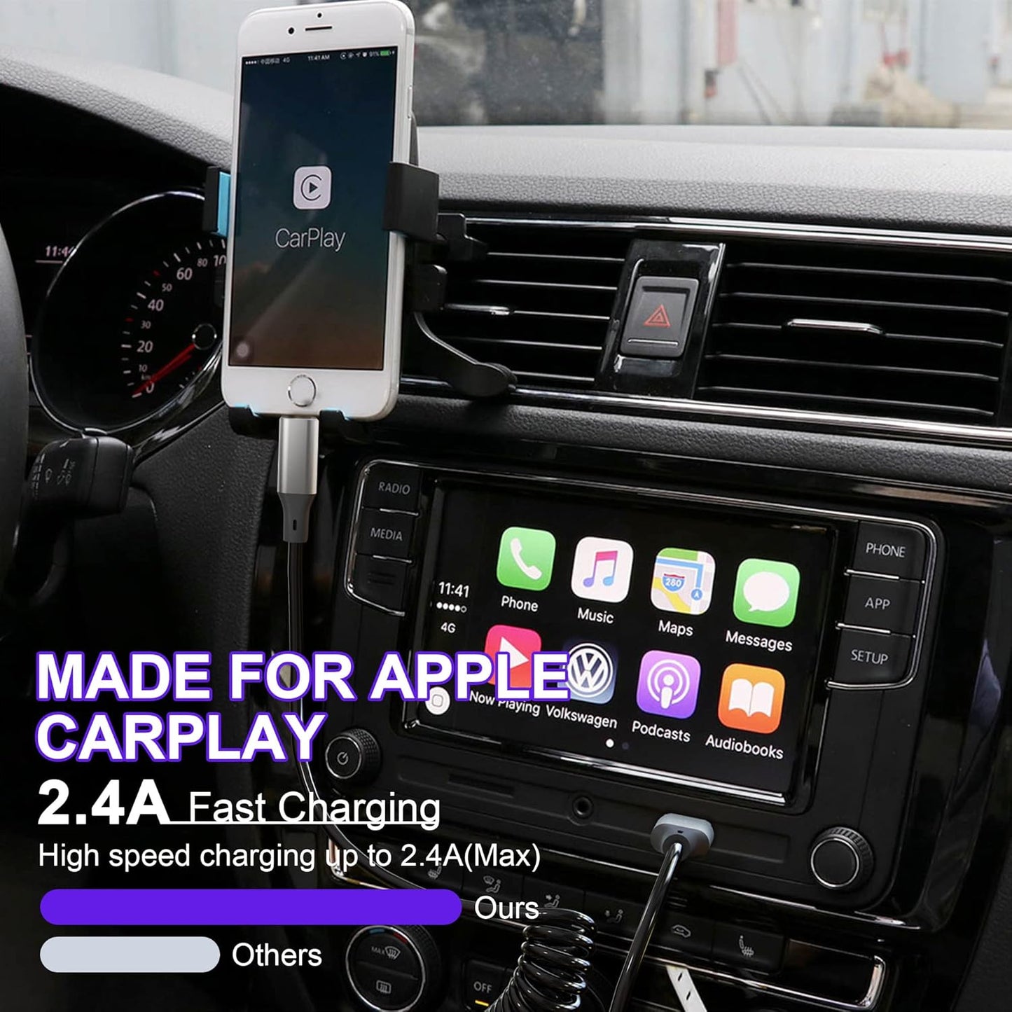 Spiral Lightning Cable for iPhone MFi CarPlay USB – Extendable 0.4–1.2 m