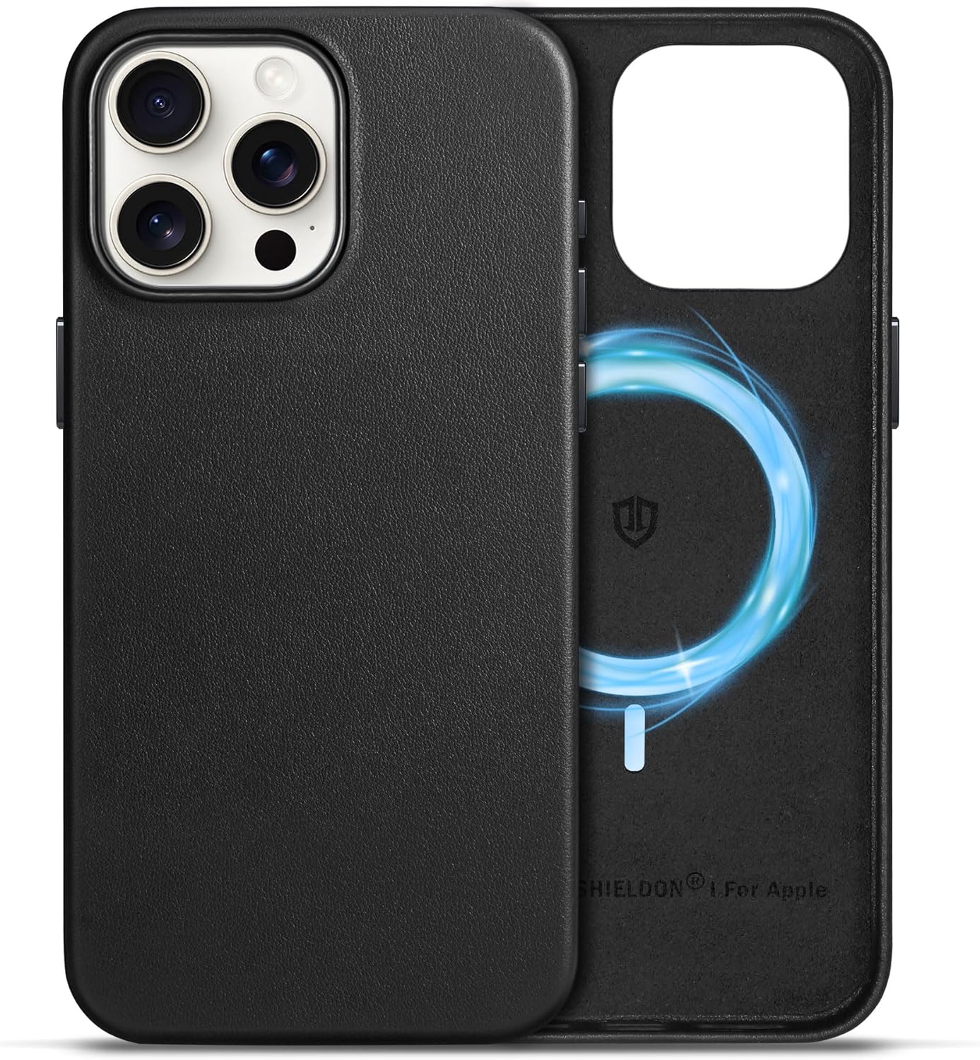 SHIELDON Usnjen Ovitek za iPhone 15 Plus – Ultra Tanek + Magnetno Polnjenje (Črna)