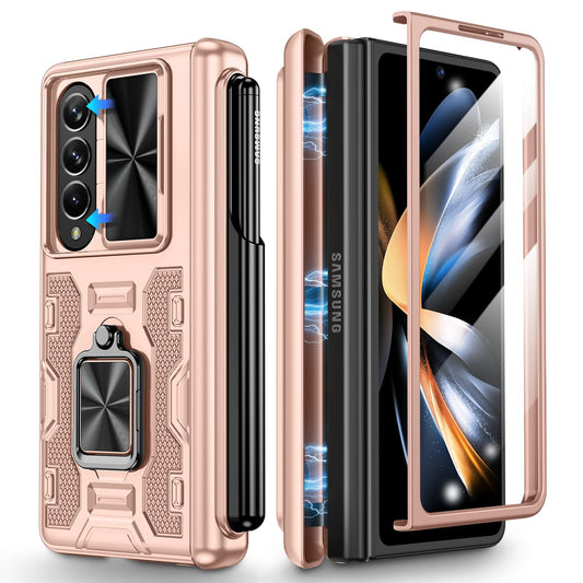 Ovitek z 360° ring stojalom in pokrovom kamere za Samsung Galaxy Z Fold 4 roza