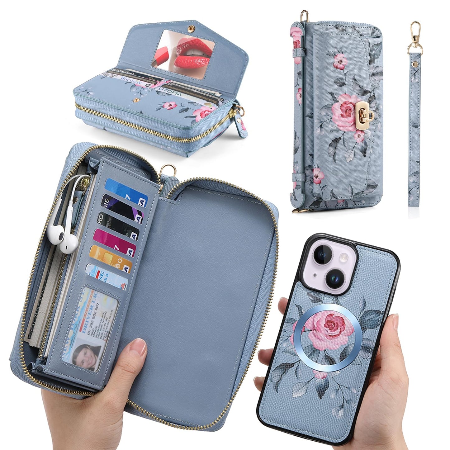 URMAX usnjena denarnica z magnetnim ovitkom za iPhone 14 modra
