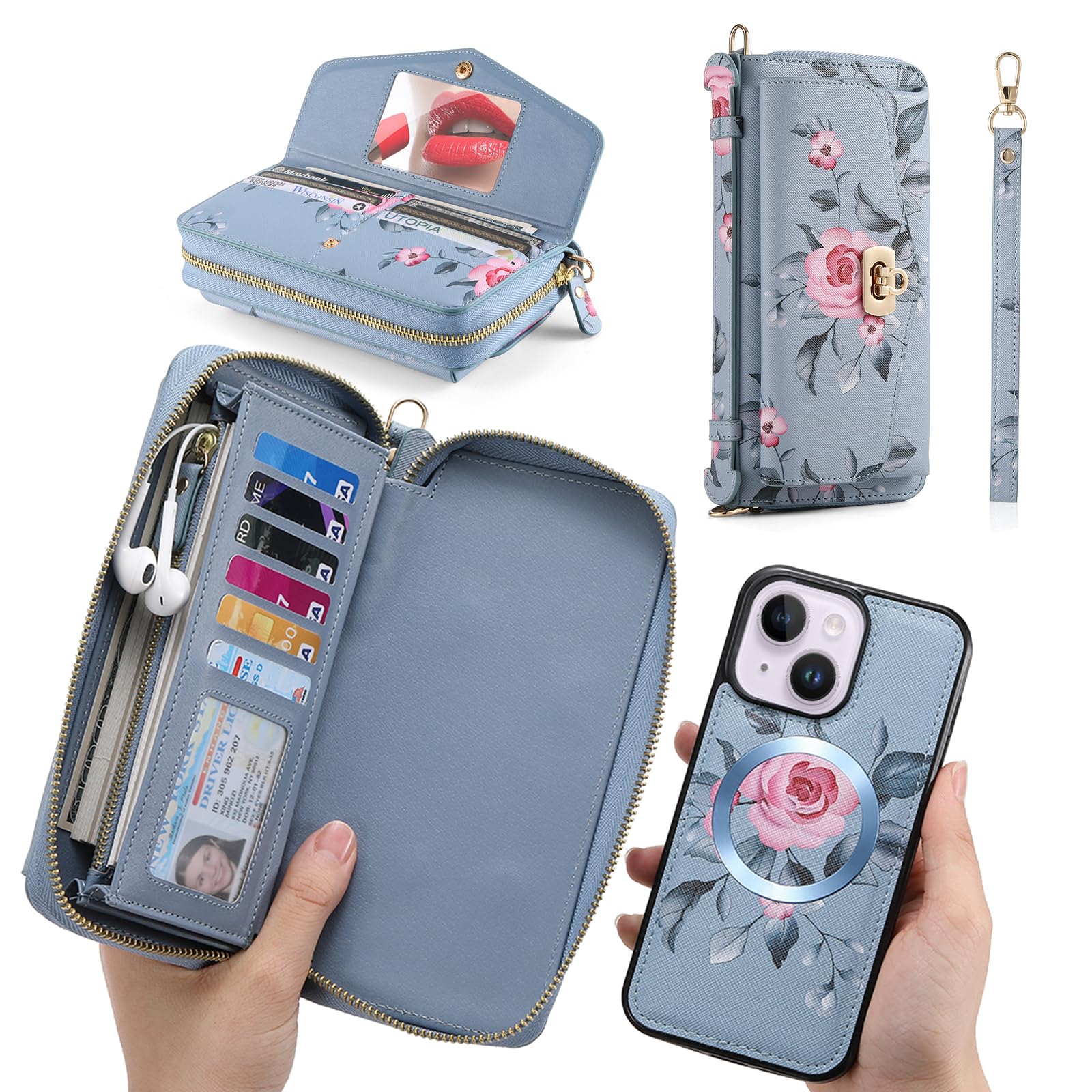 URMAX usnjena denarnica z magnetnim ovitkom za iPhone 14 modra