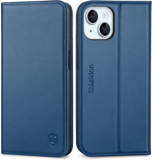 SHIELDON Leather Flip Case for iPhone 15 – RFID Wallet + Kickstand (Royal Blue)