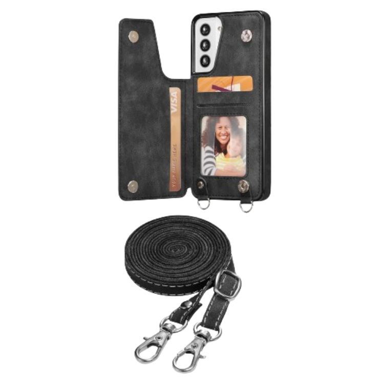 Ovitek z denarnico in trakom za telefon Samsung Galaxy S21 – Infostyle – Črna / TPU silikon + PU usnje