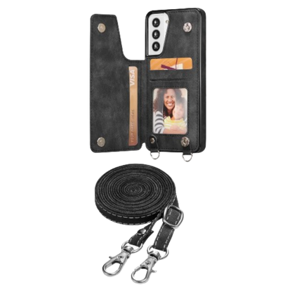 Ovitek z denarnico in trakom za telefon Samsung Galaxy S21 – Infostyle – Črna / TPU silikon + PU usnje