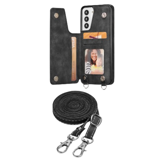Ovitek z denarnico in trakom za telefon Samsung Galaxy S21 – Infostyle – Črna / TPU silikon + PU usnje