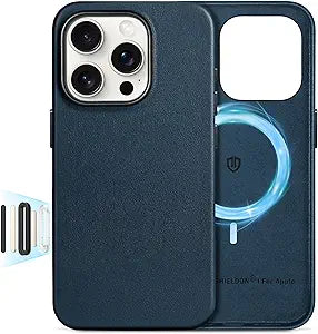 SHIELDON Leather Case for iPhone 16 Pro – Dark Blue, MagSafe