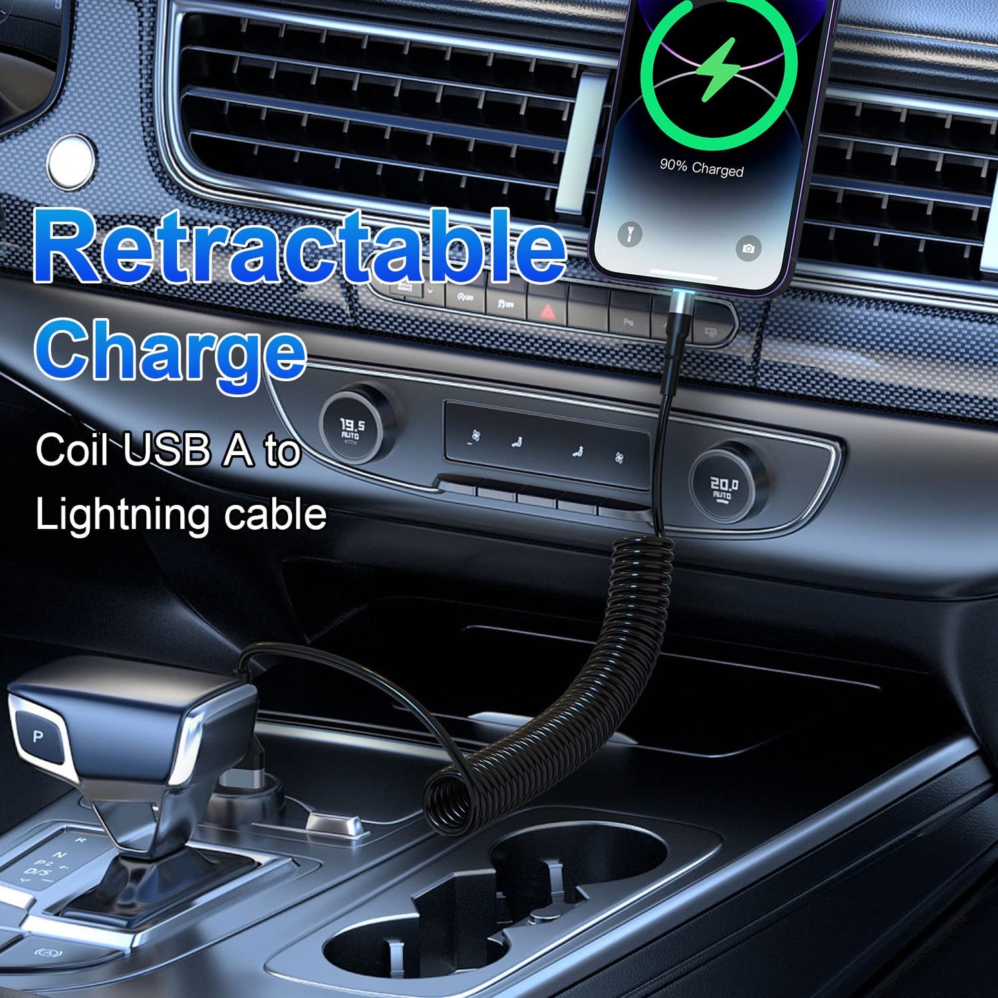 Spiralni Lightning kabel za iPhone (2 kosa) MFi CarPlay USB – LED, raztegljiv