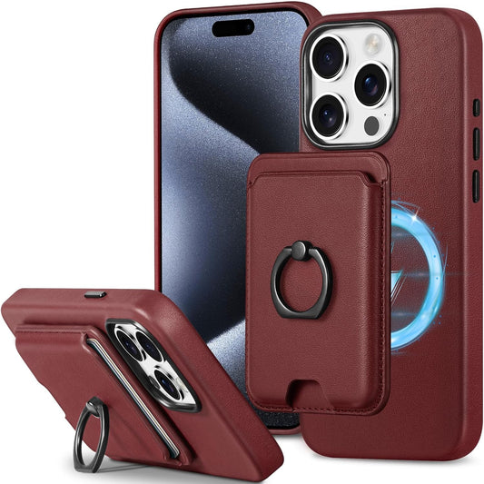 SHIELDON Leather Case for iPhone 15 Pro - Magnetic RFID Wallet + Stand (Wine Red)
