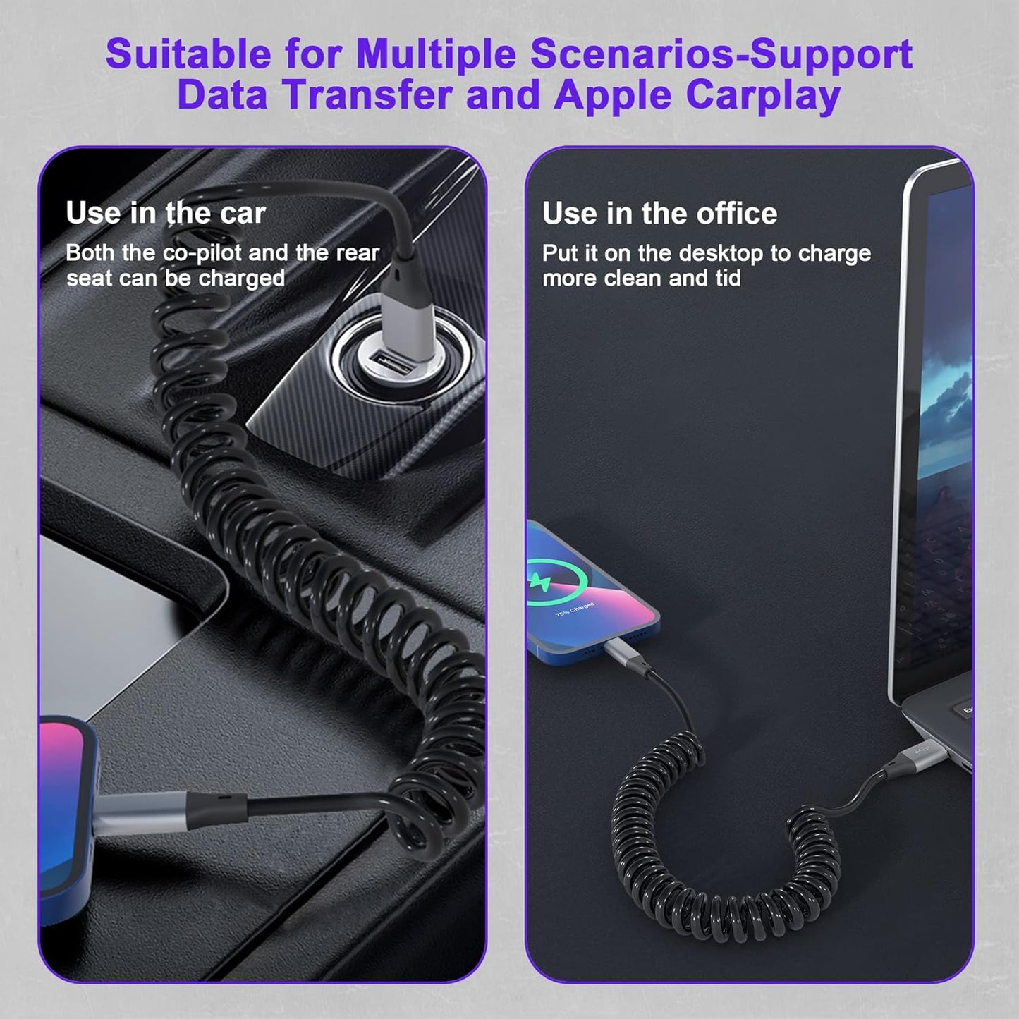 Spiral Lightning Cable for iPhone MFi CarPlay USB – Extendable 0.4–1.2 m