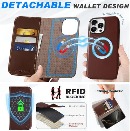 SHIELDON 2 v 1 preklopna torbica iz pravega usnja za iPhone 16 Pro Max - Magnetni Ovitek, RFID Zaščita, Retro Kava