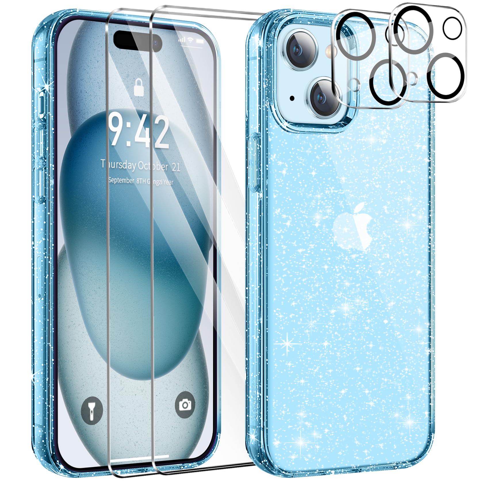 Glitter ovitek + 2x steklo + 2x zašèita kamere za iPhone 15 modra