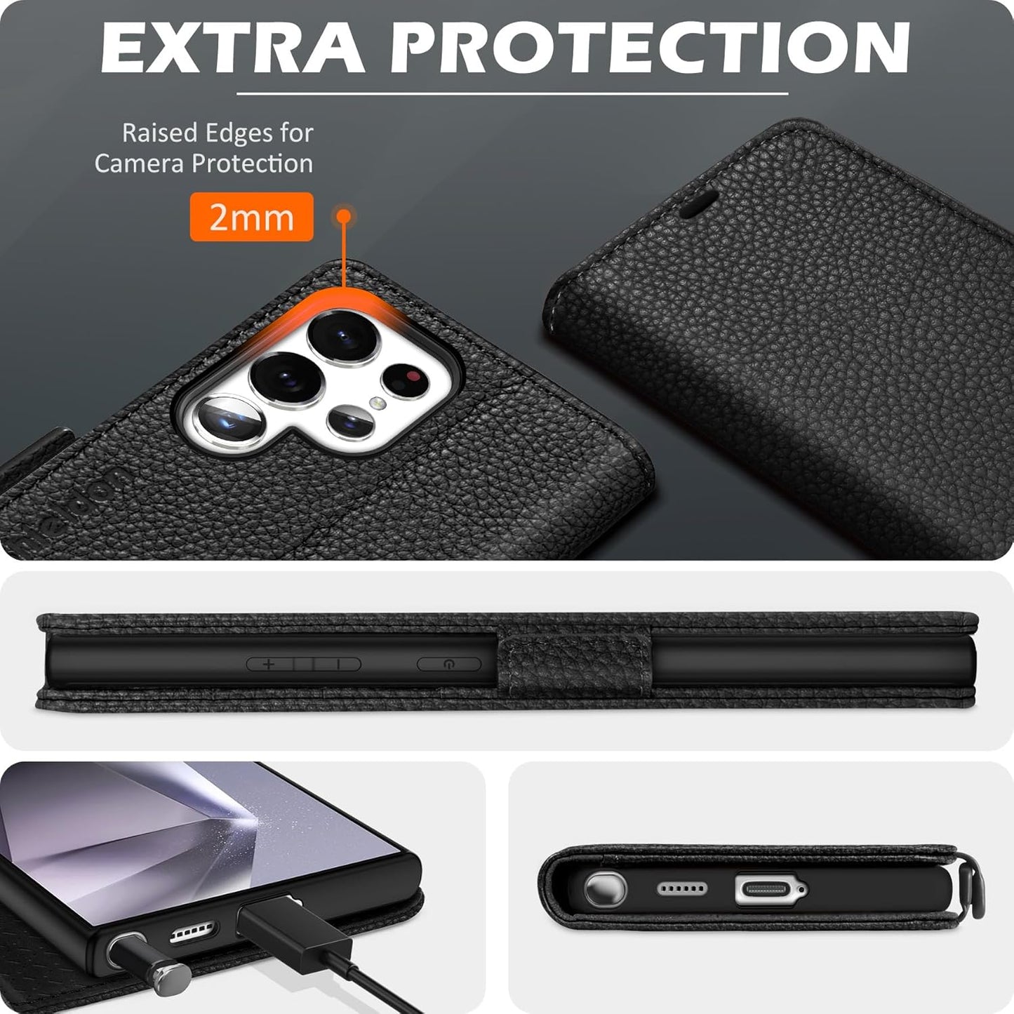 SHIELDON preklopna torbica iz pravega usnja za Samsung Galaxy S25 Ultra 6,9" (2025) - RFID Zaščita, Stojalo, Zrnato Črna