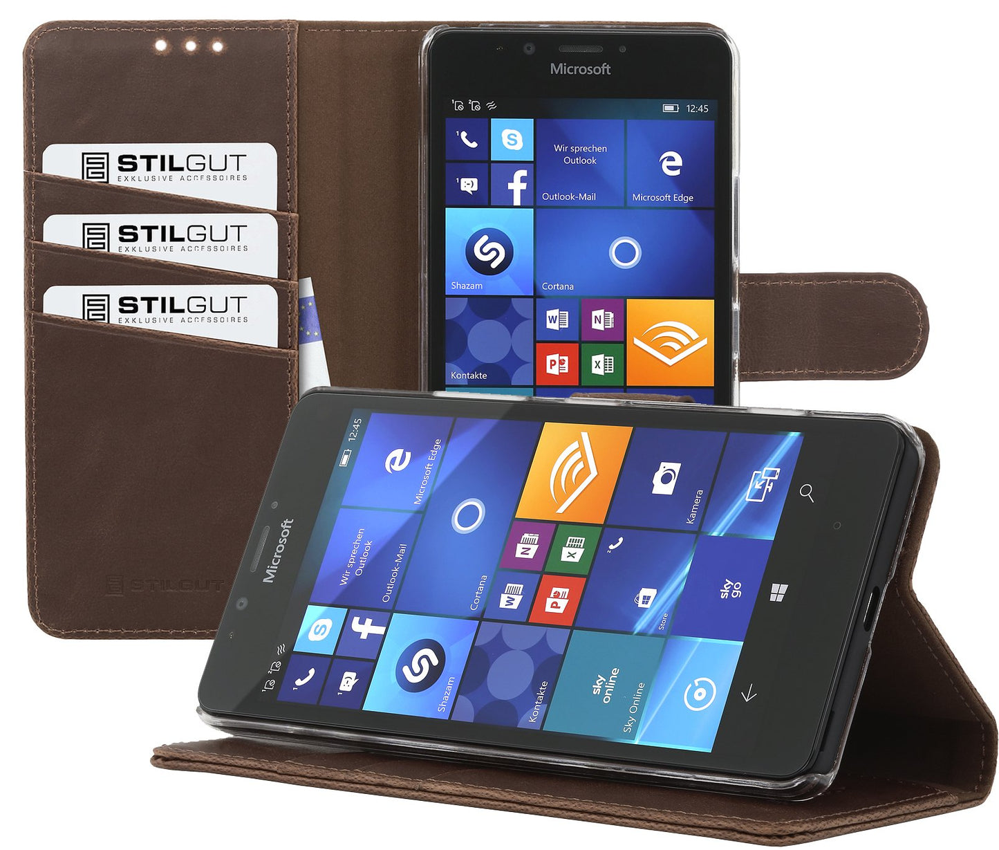 StilGut preklopna torbica „Talis“ za Microsoft Lumia 950 – funkcija postolja, držač kartica, smeđa