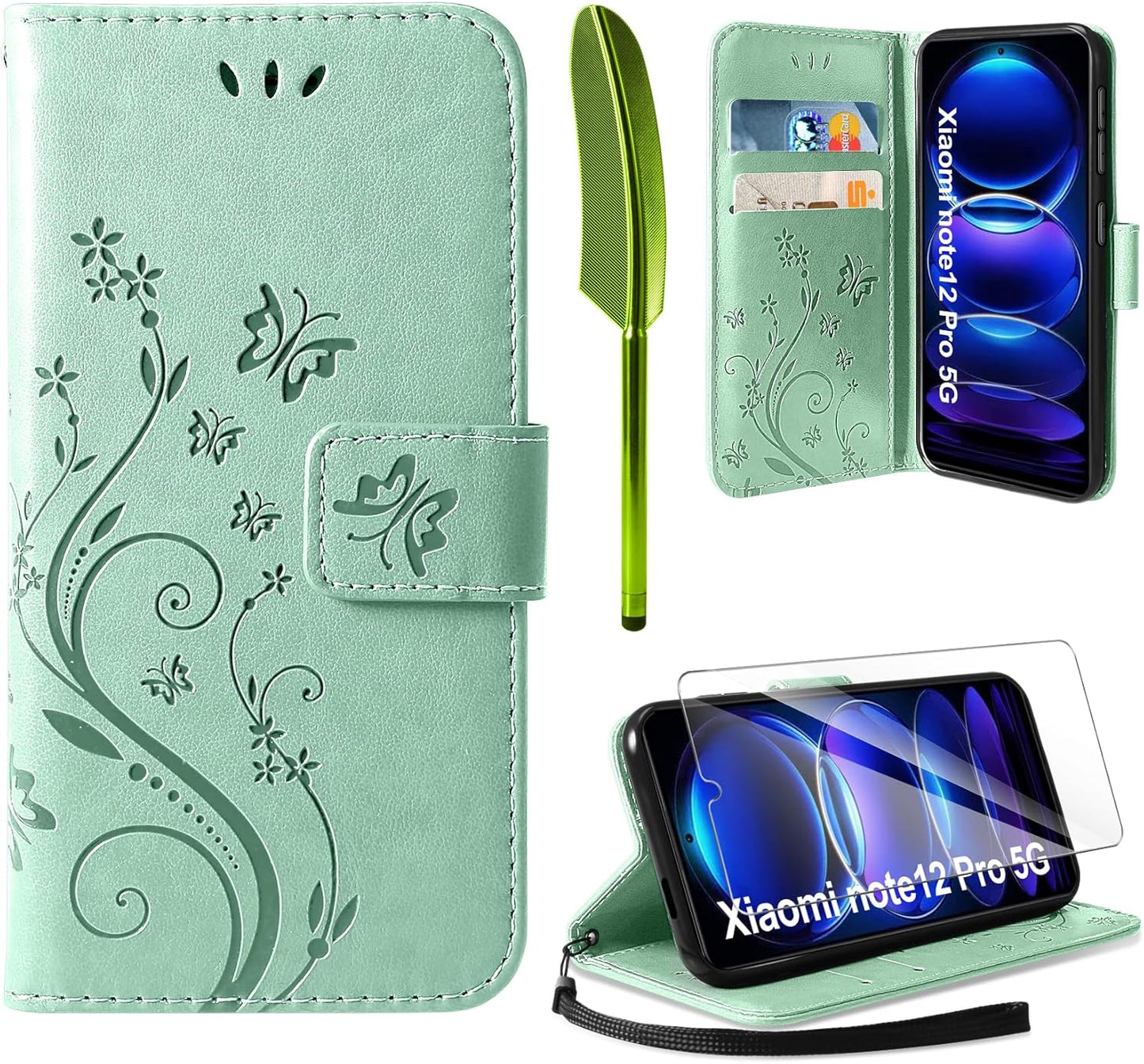 Pametna torbica + zaščitno steklo za Xiaomi Redmi Note 12 Pro 5G – mint zelena