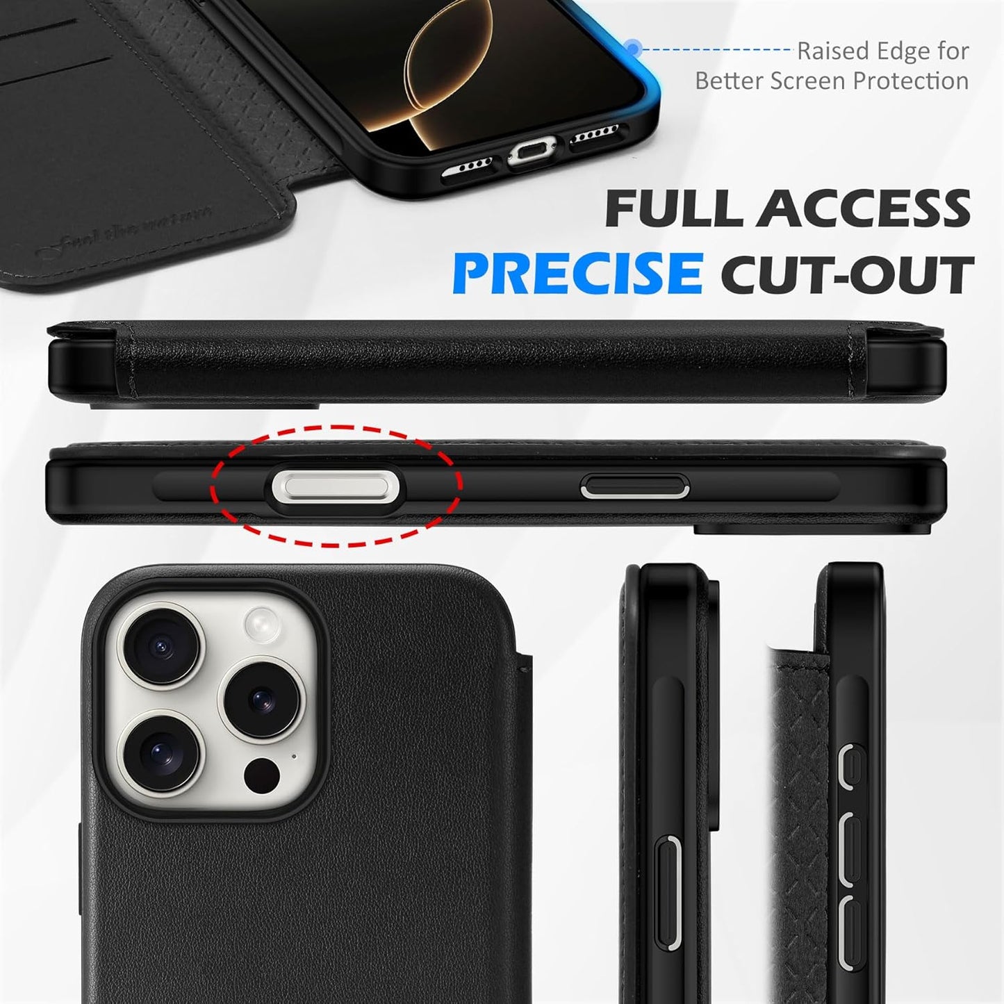 SHIELDON preklopna torbica iz pravega usnja za iPhone 16 Pro Max - RFID Zaščita, Držalo za Kartice, Črna