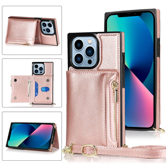 LOKASS ovitek z denarnico in trakom za iPhone 14 Pro Max roza