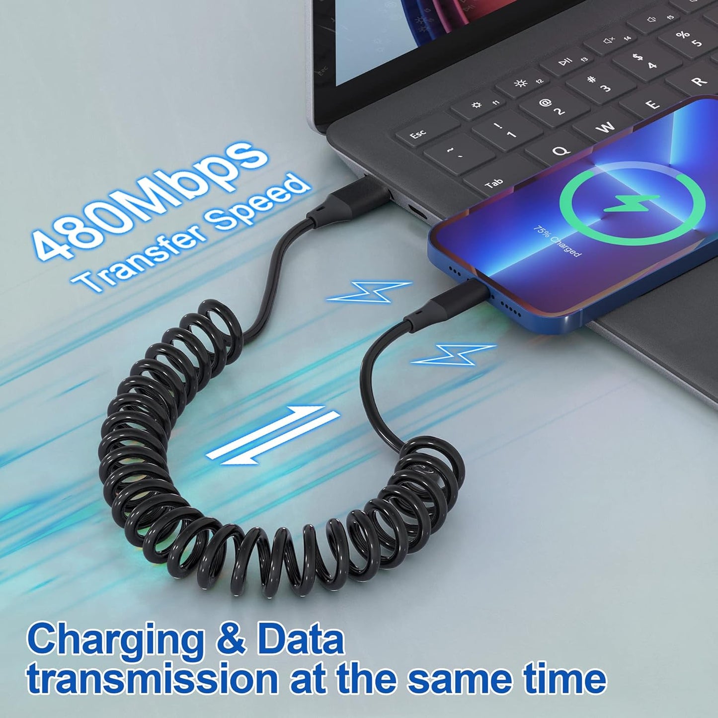 2x spiralni Lightning kabel za iPhone MFi CarPlay USB – raztegljiv, kompakten