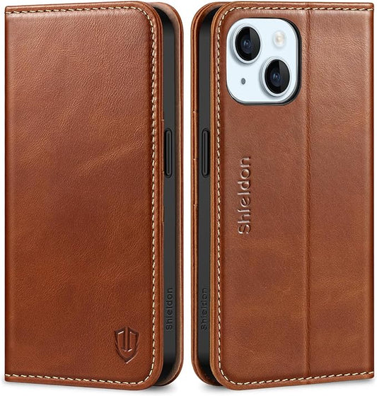 SHIELDON Leather Flip Case for iPhone 15 – RFID Wallet + Stand (Retro Brown)