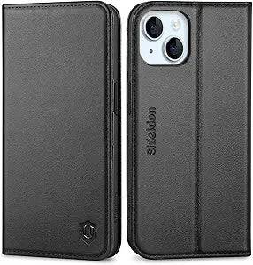 SHIELDON Leather Flip Case for iPhone 15 – RFID Wallet + Kickstand (Black)