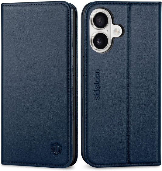 SHIELDON usnjena preklopna torbica za iPhone 16 Plus – Temno modra